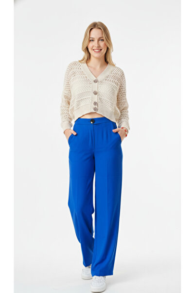 Sibel Günay Butik Women's Thin Crepe Fabric Palazzo Parliament Blue Trousers ...