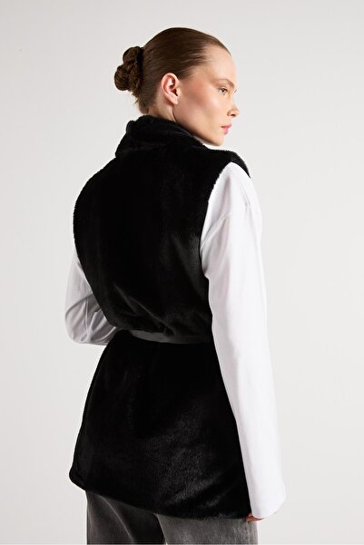 minaaise Women's Black Belted Lined Fur Vest 30094