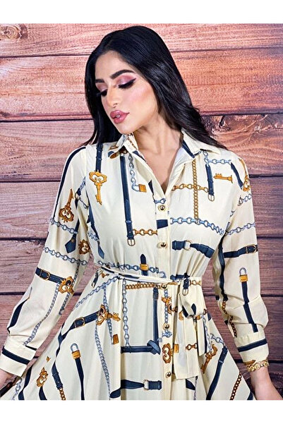 FridayIn Celebrity style Lapel Printing Belt Buttons Shirt sleeve Long Dresses