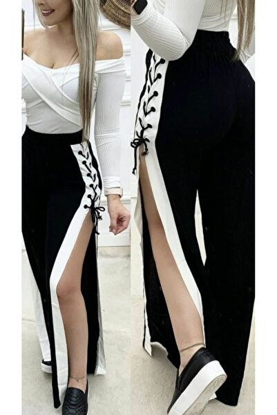 JANES Women's High Waist Side Cross Lace-Up Slit Viscose Two Thread Pants