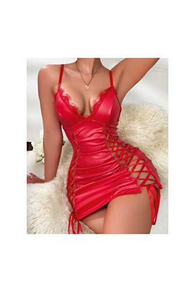 Redsaks Parlak Derin Dekolteli Bağlamalı Mini Elbise