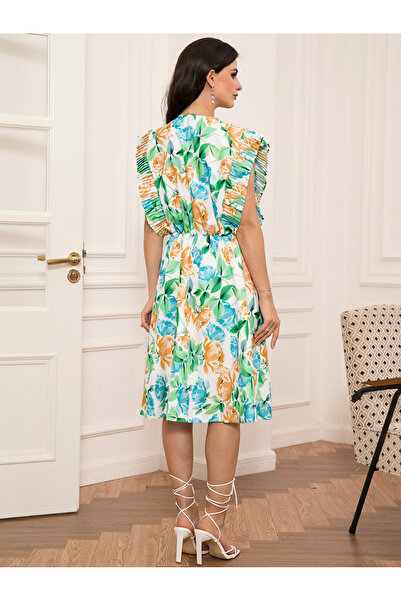 FridayIn Holiday style Elegant style V-neck Flowers Splicing Lining Petal sleeve Short Dresses