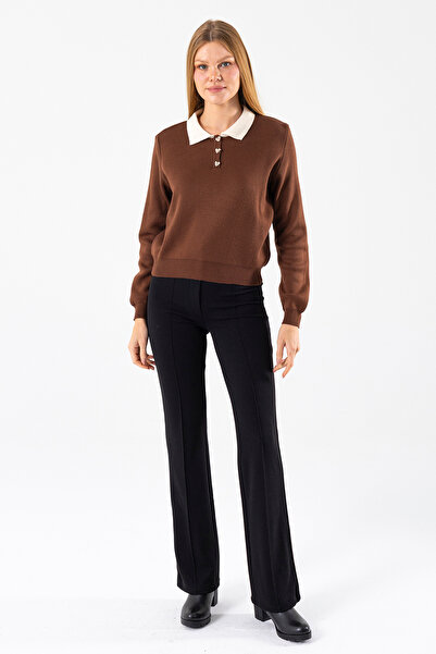 GİYSA Women's Polo Neck Button Detailed Knitwear Sweater Brown - 25K 2546