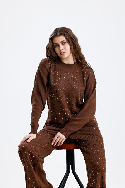 markazzi Γυναικείο Πλεκτό Σετ Τουνίκ και Παντελόνι με Πέτρινη Λεπτομέρεια, Καφέ