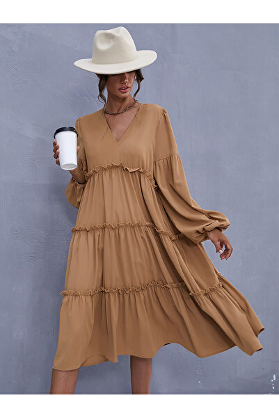 FridayIn Casual V-neck Solid color Ruffle Lantern sleeve Mid Dresses