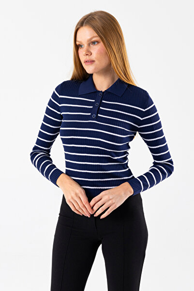 GİYSA Жіночий поло з коміром на ґудзиках, смугастий трикотажний боді, синій - 2058