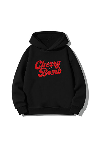 MODA Cherry Bomb Pinterest cu imprimeu Hanorac negru pentru adulți cu glugă S...