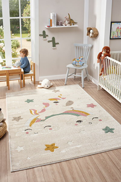 Mia Home&Living Yumuşak Dokuma Halı Unicorn,Gökkuşağı Temalı Leke Tutmaz Bebek Odası Çocuk Odası Genç Odası Halısı