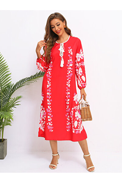 FridayIn Female Bohemian Round neck Flowers Loose Mid dress