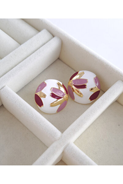 Norevia Çiçek Desenli Mineli Yuvarlak Küpe