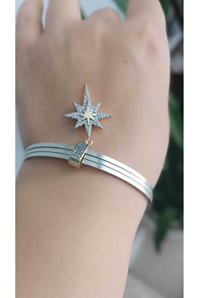 shop 316L Çelik Kararma Yapmaz Gümüş Renk Kutupyıldızı Charmlı 3lü Ajda Bilezik