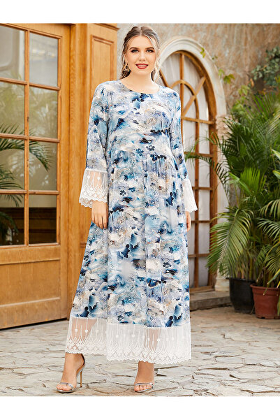 FridayIn Female Sweet Round neck Flowers Basic fitness Plus size dress