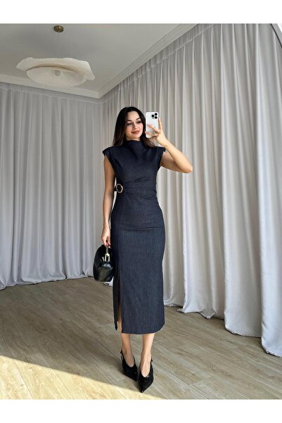 Mooi Butik BAROSSA Midi Elbise 8364 - Lacivert