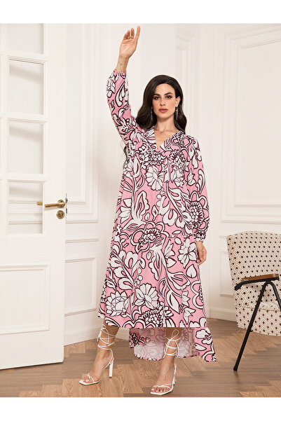 FridayIn Sweet V-neck Flowers Splicing Regular sleeve Long Dresses