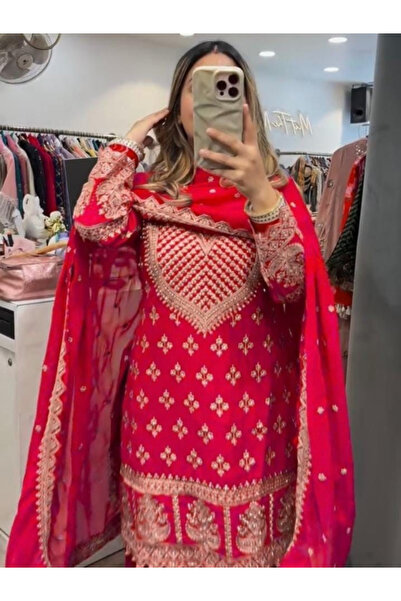 MYSMAR سالوار قميص ودوباتا من حرير الشينون الأحمر - HRT4336 | أحمر