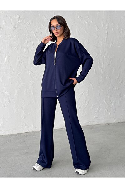 BEJNA Women's Zippered Soft Modal Textured Top and Bottom Set