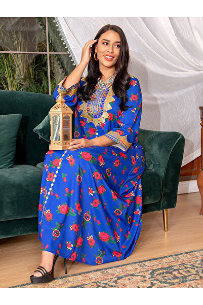 FridayIn Sweet V-neck Flowers Embroidery Regular sleeve Kaftan