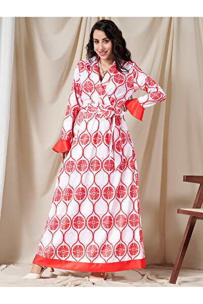FridayIn Sweet V-neck Flowers Printing Splicing Belt Flared sleeve Long Dresses