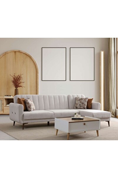 Minar Bona 3+Dinlenme Köşe Takımı Bej Valebo-03 Ceviz Ayak