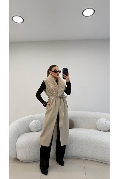 Şulenin Butiği YAKA KÜRKLÜ UZUN KAŞE YELEK TAŞ