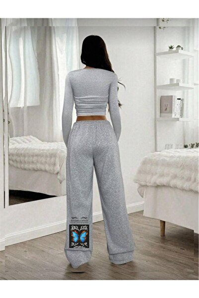 Le Vion Γυναικεία φούτερ παντελόνια με στάμπα και φαρδιά μπατζάκια