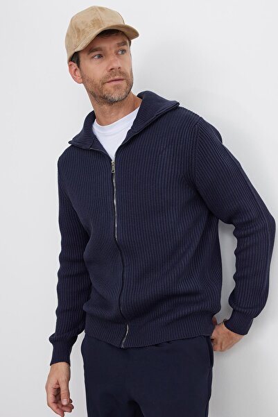 Tudors Men's Slim Fit Mock Neck Zippered Navy Blue Plain Cardigan