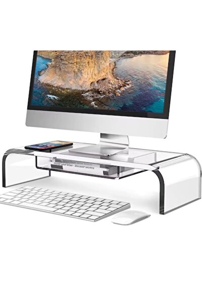 Chimora 44 ® Monitor Stand with Drawer, Keyboard Space, Ergonomic, 50x24x8 cm, Acrylic, Transparent