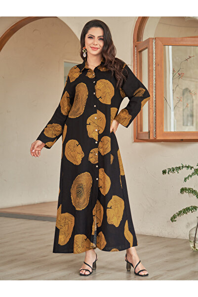 FridayIn Dignified style Lapel Printing Color contrast Pocket Buttons Shirt sleeve Long Dresses