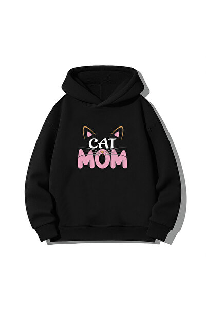 MODA هوديي كات مام مطبوع للبالغين باللون الأسود بغطاء رأس