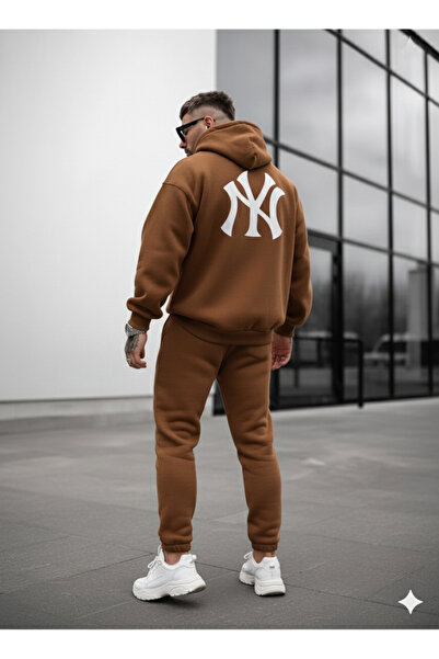 NİCE Мъжка суитшърт с качулка с принт NY отпред и отзад - комплект от горна и долна част