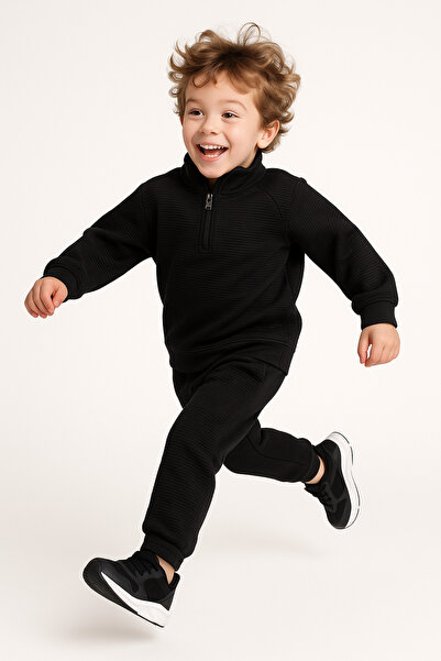 Motebarn Wear Boy's Stand Collar Zippered Bottom and Top Set Brown