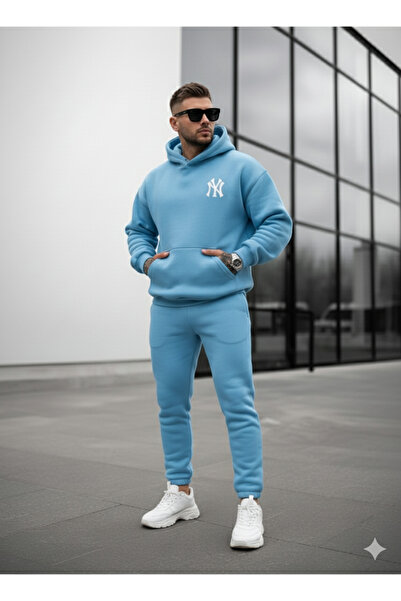 NİCE Men's Front Back Ny Printed Hooded Sweatshirt-Bottom -Top Set