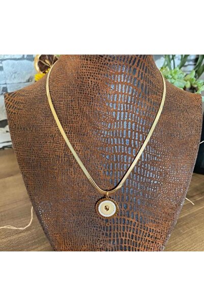 ZERVA QUEEN Quarter Detailed Stone Gold Steel Necklace