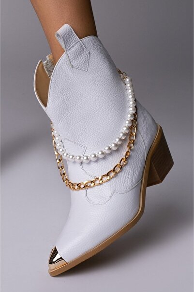 Vanilla Days Camilla Genuine Leather White Ladies Boots with Gold Chain and Pearl Detailing