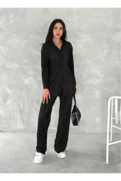 verabelle Women's Pleated Satin Fabric Pantalon Shirt Set