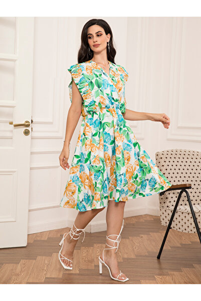 FridayIn Holiday style Elegant style V-neck Flowers Splicing Lining Petal sleeve Short Dresses