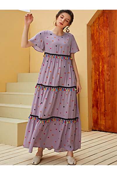 FridayIn فستان طويل بأكمام عادية ونمط عطلة وياقة دمية ونقاط وشريط