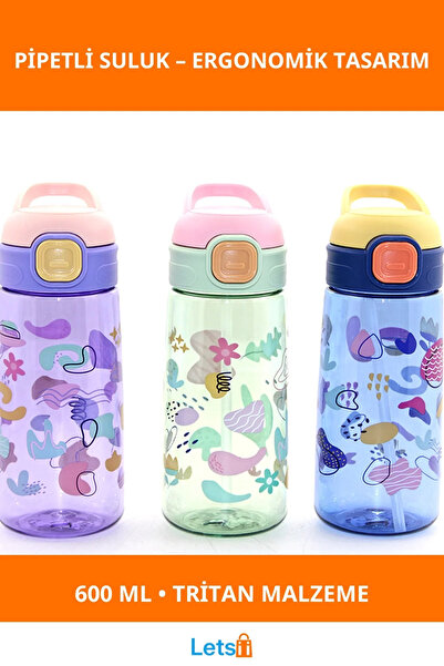 Letsii Renkli Pipetli Sızdırmaz 600 Ml Suluk Sağlıklı ve Dayanıklı Tritan