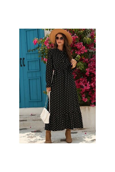 moda wanilia Women's Long Sleeve Polka Dot Maxi Dress – Crepe Model with Lace-Up Collar