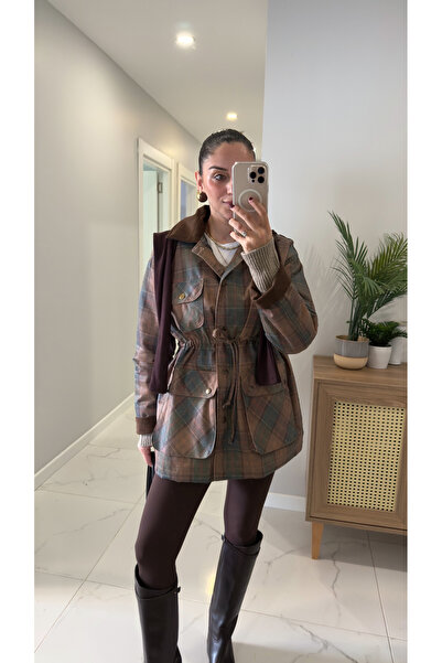 BİRCANÇİL Kutan Checkered Velvet Collar Fur Lined Trench Coat
