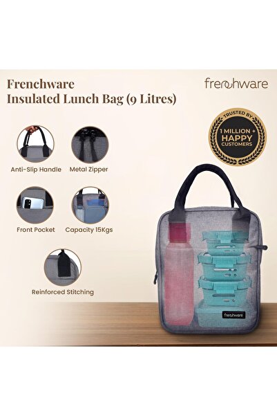 Generic French Wear Insulated Lunch Bag - Gray Nylon, For Men, Women & Kids, Hot/Cold, 9L