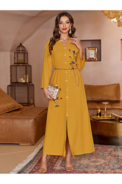 FridayIn Simplicity Dignified style Hooded Solid color Bead Regular sleeve Abaya