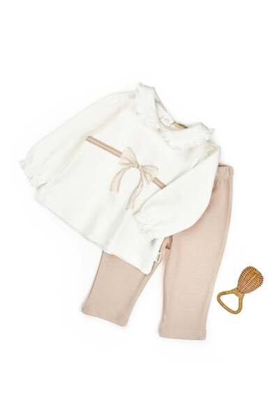 BabyCosy Organic Wear Set bluză și pantaloni cu volane, fundă, BabyCosy, 100%...