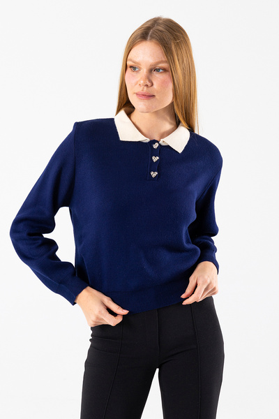 GİYSA Women's Polo Neck Button Detailed Knitwear Sweater Navy Blue - 25K 2546