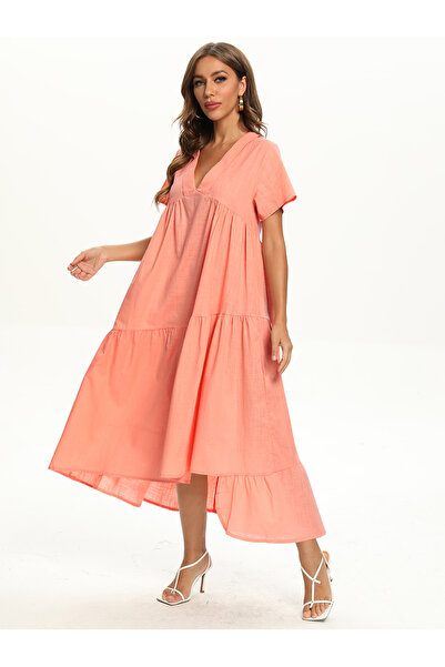 FridayIn Female Sweet V-neck Solid color Loose Mid dress