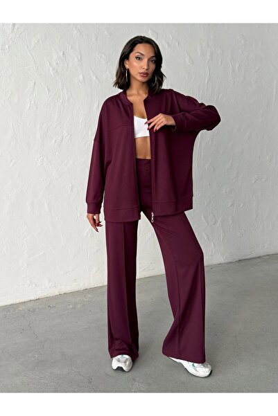 BEJNA Women's Zippered Soft Modal Textured Top and Bottom Set