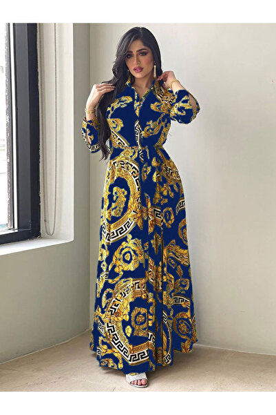 FridayIn فستان طويل بأكمام عادية وحزام مطبوع على شكل طية صدر السترة على طراز ...