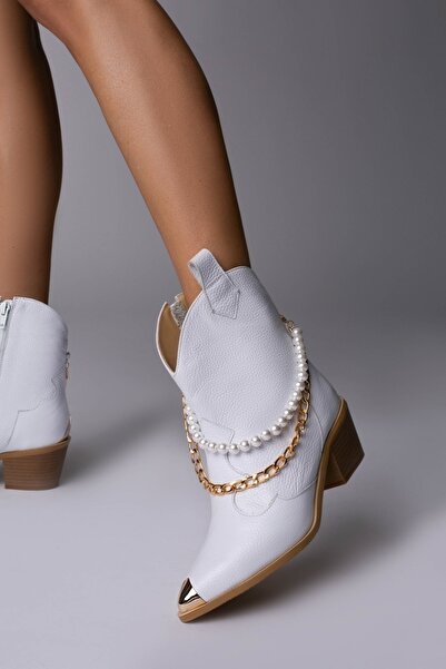 Vanilla Days Camilla Genuine Leather White Ladies Boots with Gold Chain and Pearl Detailing