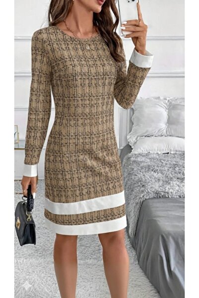 Gökyüzü Moda Women's Long Sleeve Round Neck Hem Striped Detail Mini Woven Dress