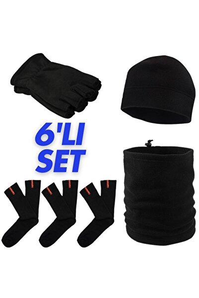AXE SPORTSWEAR Black Winter 3 Pairs Towel Socks Fleece Fingerless Gloves Fleece Beanie Fleece Drawstring Neck Gaiter Set of 6